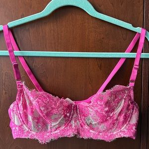 Pink fuchsia, lace, underwire balconette bra. Skarlet Blue Brand.